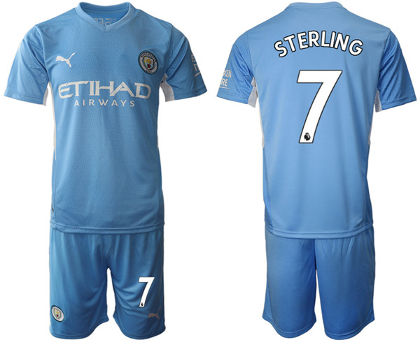 Men's Manchester City #7 Raheem Sterling 2021/22 Blue Home Soccer Jersey Suit